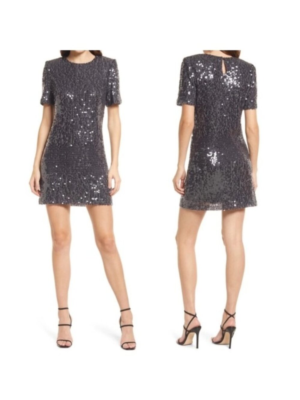 NWT Charles Henry Womens Gray Sequined Short Sleeve Mini Shift Dress XS XSMALL